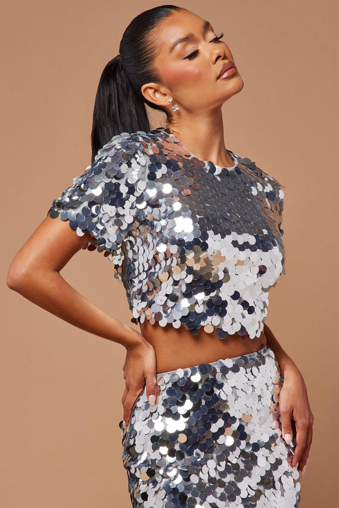 Starla Paillette Crop Top - Silver Product Image