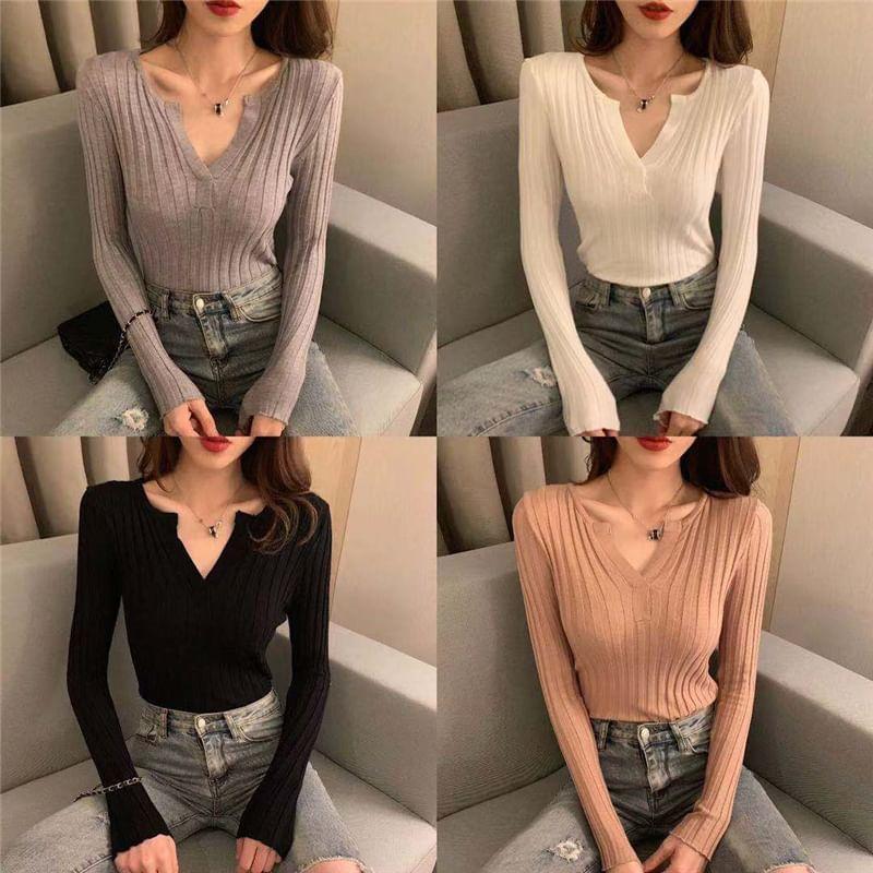 Long-Sleeve Notch Neck Ribbed Knit Top Product Image