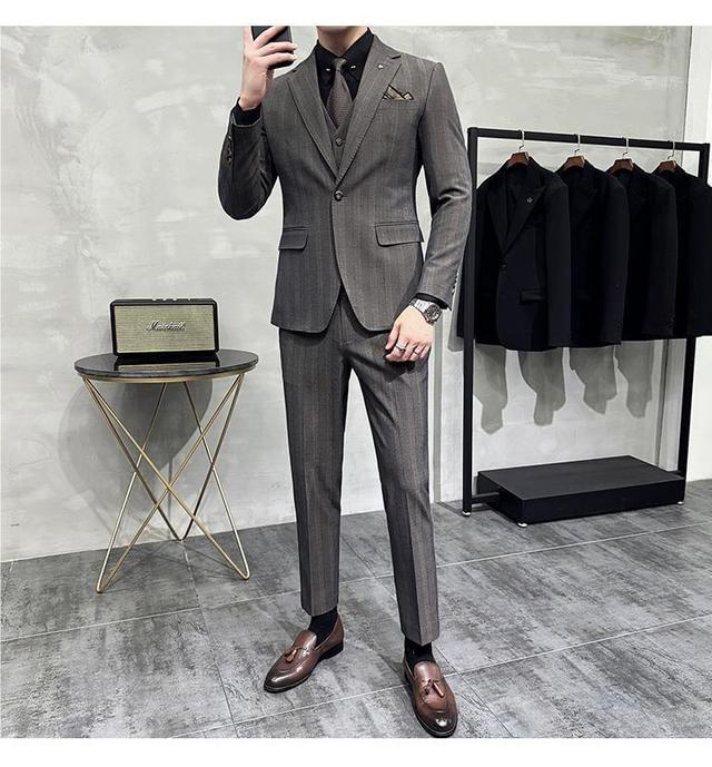 Set: Notch Lapel Plaid Single-Button Blazer + Single-Breasted Vest + Mid Rise Cropped Tapered Dress Pants Product Image