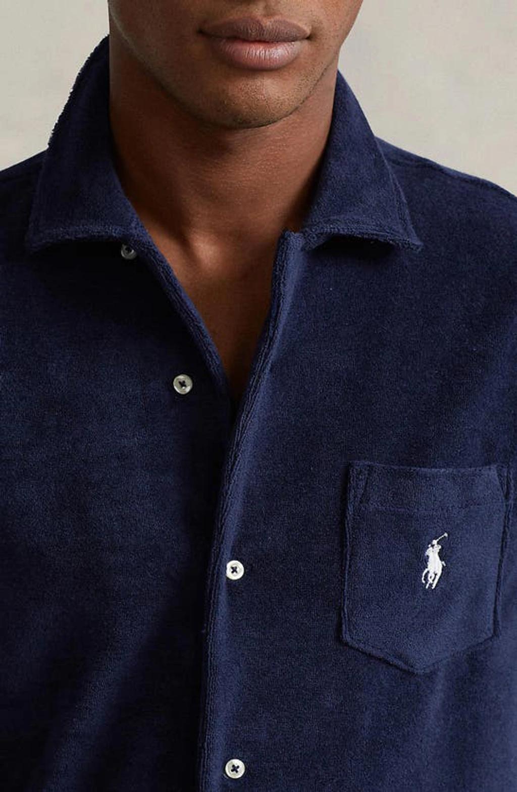 Camp-collar Logo-embroidered Cotton-terry Shirt In Navy Product Image