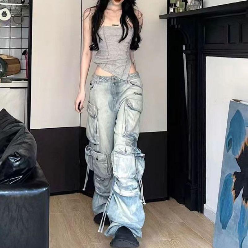 Low Waist Washed Ripped Wide Leg Cargo Jeans Product Image