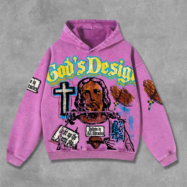 Vintage Jesus Graffiti Graphic God Design Print Washed Distressed Pocket Hoodie Product Image