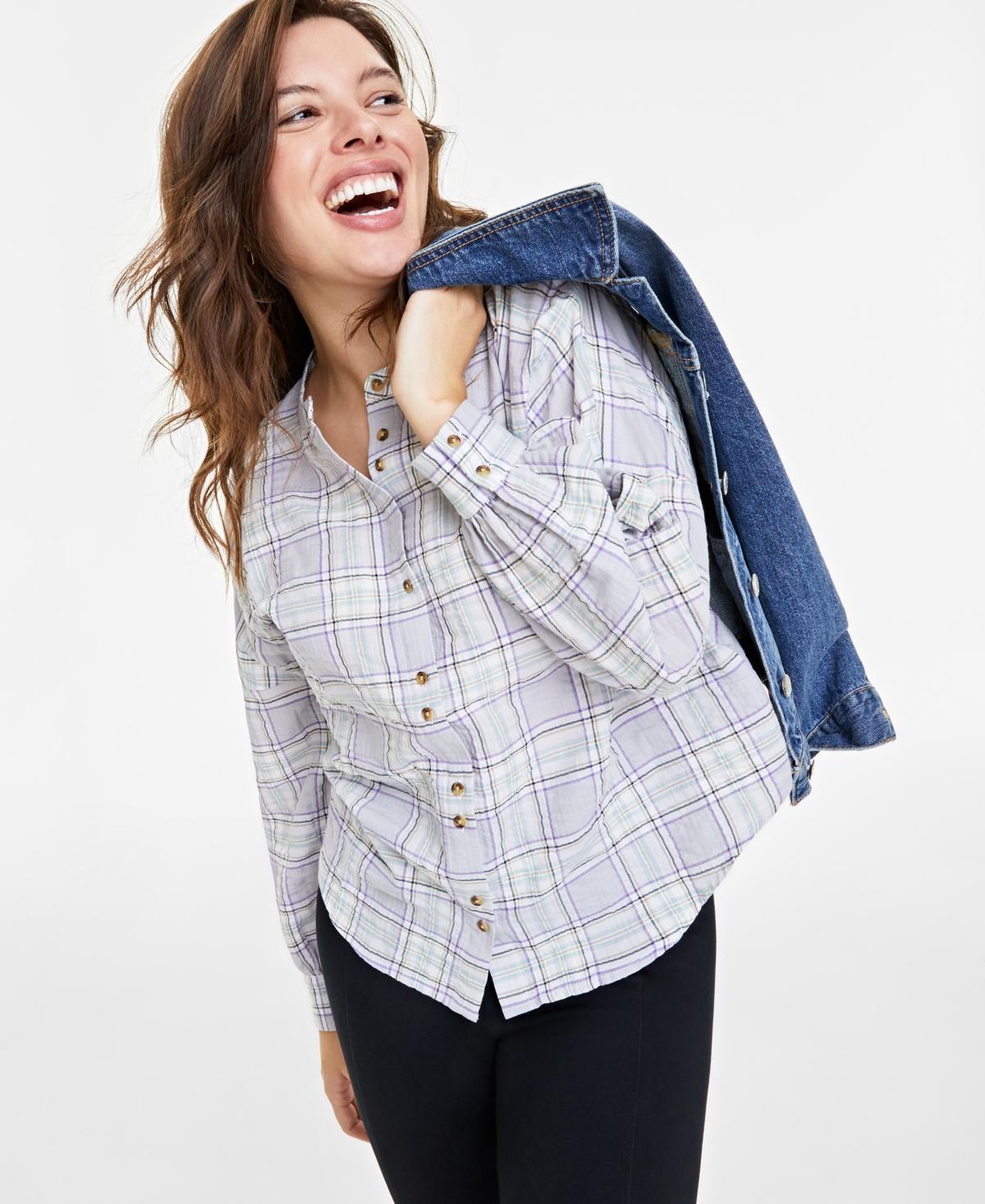 On 34th Womens Plaid Pleated-Sleeve Shirt, Created for Macys Product Image