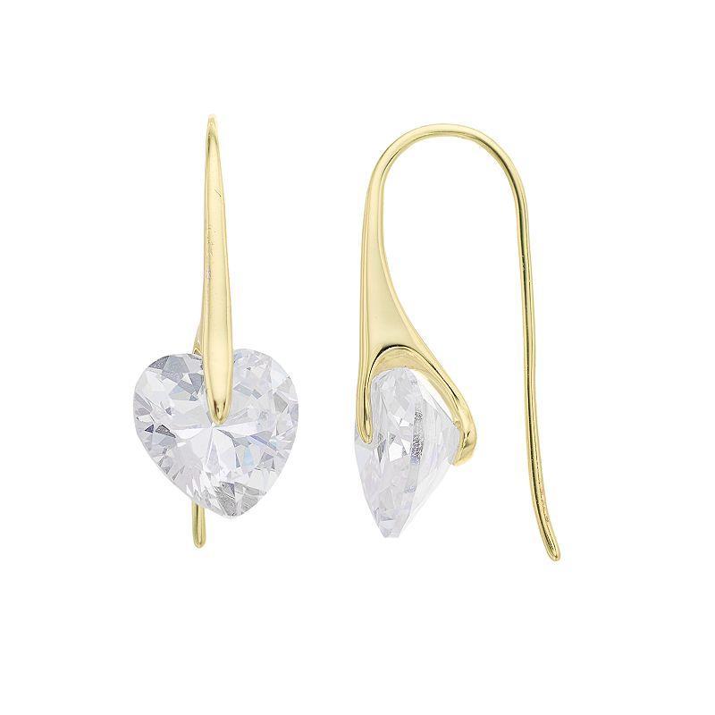 Sterling Silver 14k Gold Cubic Zirconia Heart Dangle Earrings, Womens, Gold Tone Product Image