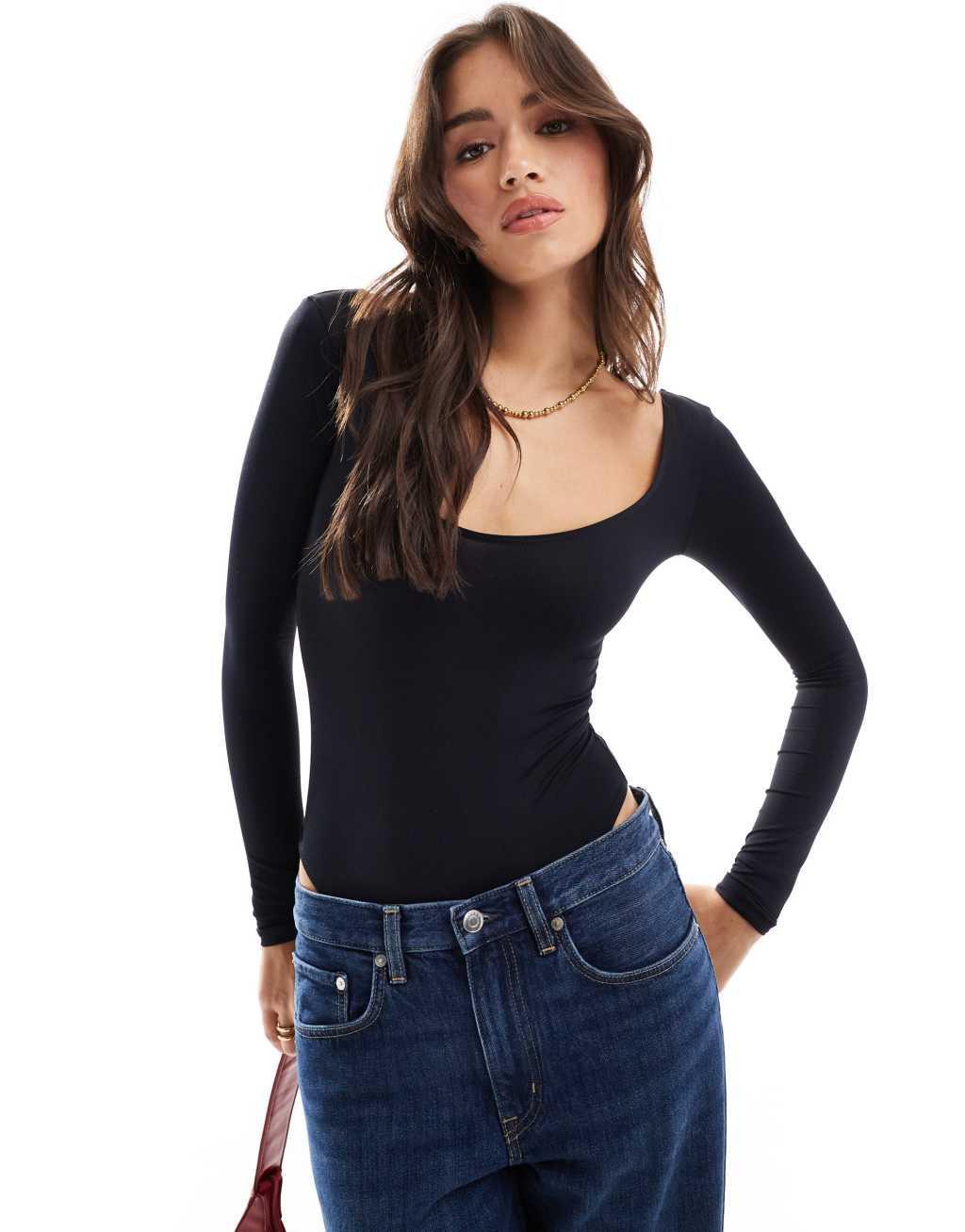 Bershka scoop neck bodysuit in black  Product Image