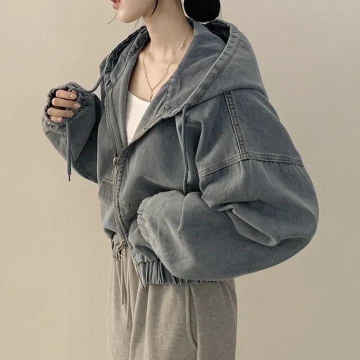 Washed Hooded Zip-Up Denim Crop Jacket product image