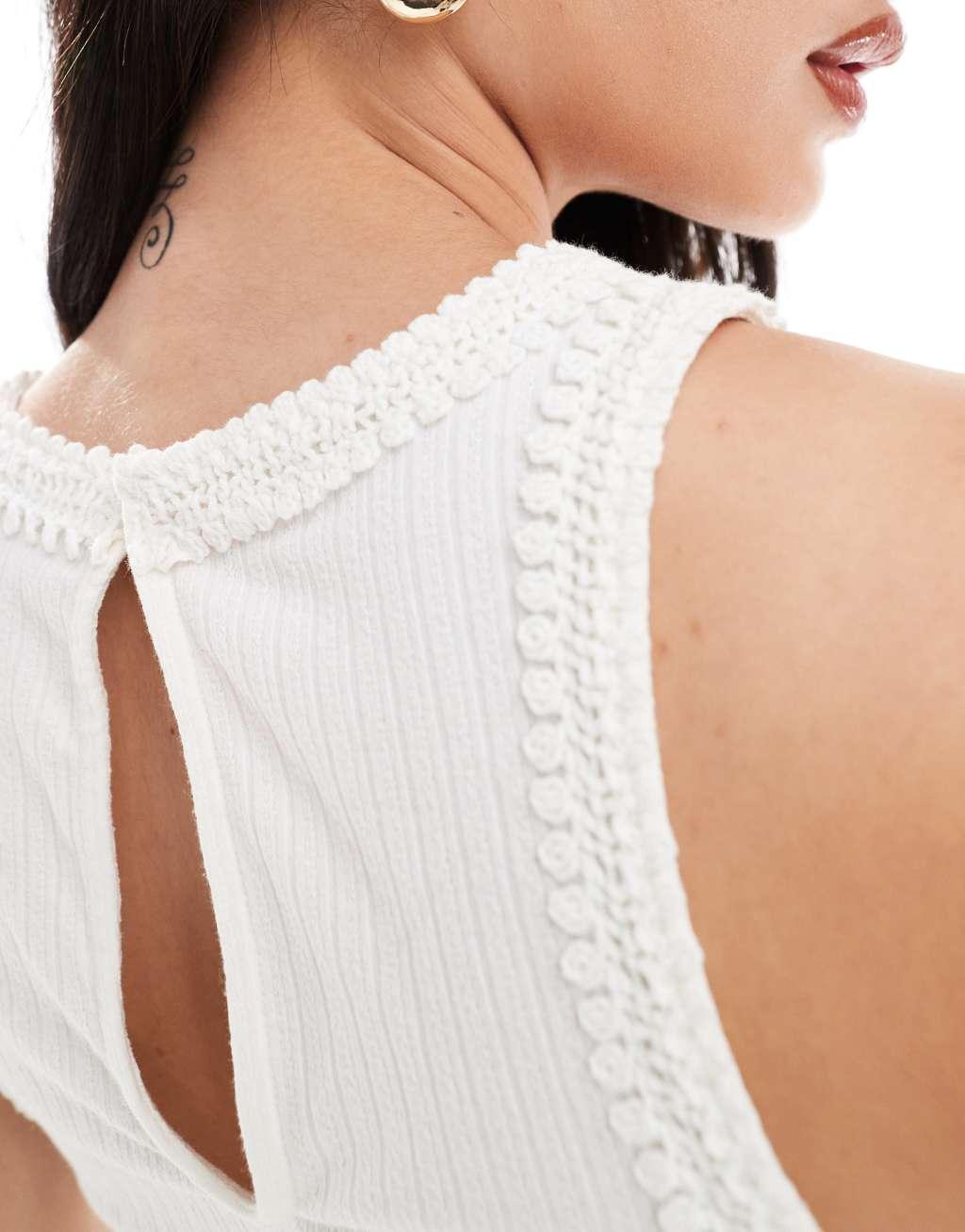 Vila racer neck ribbed tank top with rope detail in white Product Image