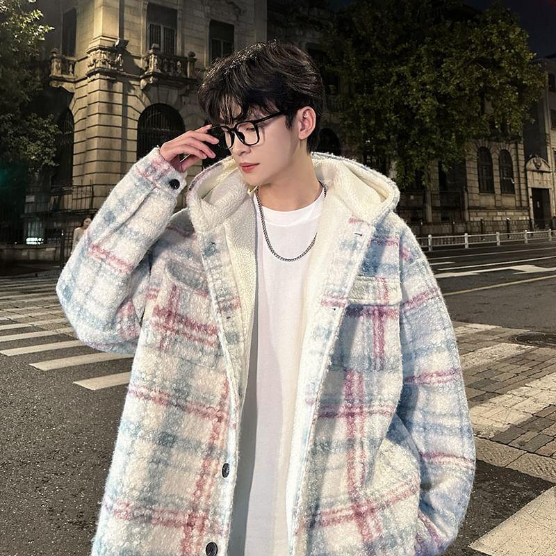 Hooded Drop Shoulder Plaid Button Down Oversized Coat Product Image