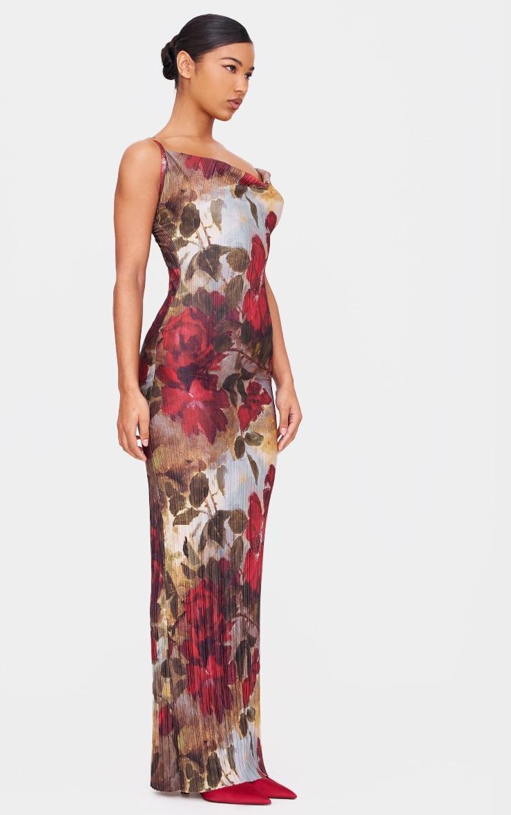 Red Floral Printed Plisse Strappy Maxi Dress Product Image