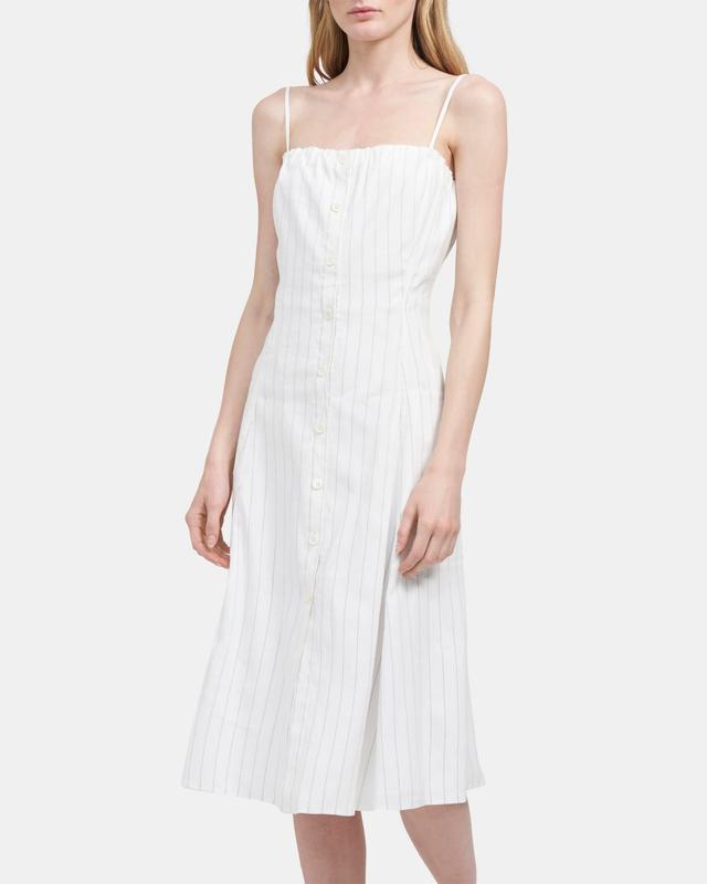 Button-Front Dress in Striped Linen Product Image