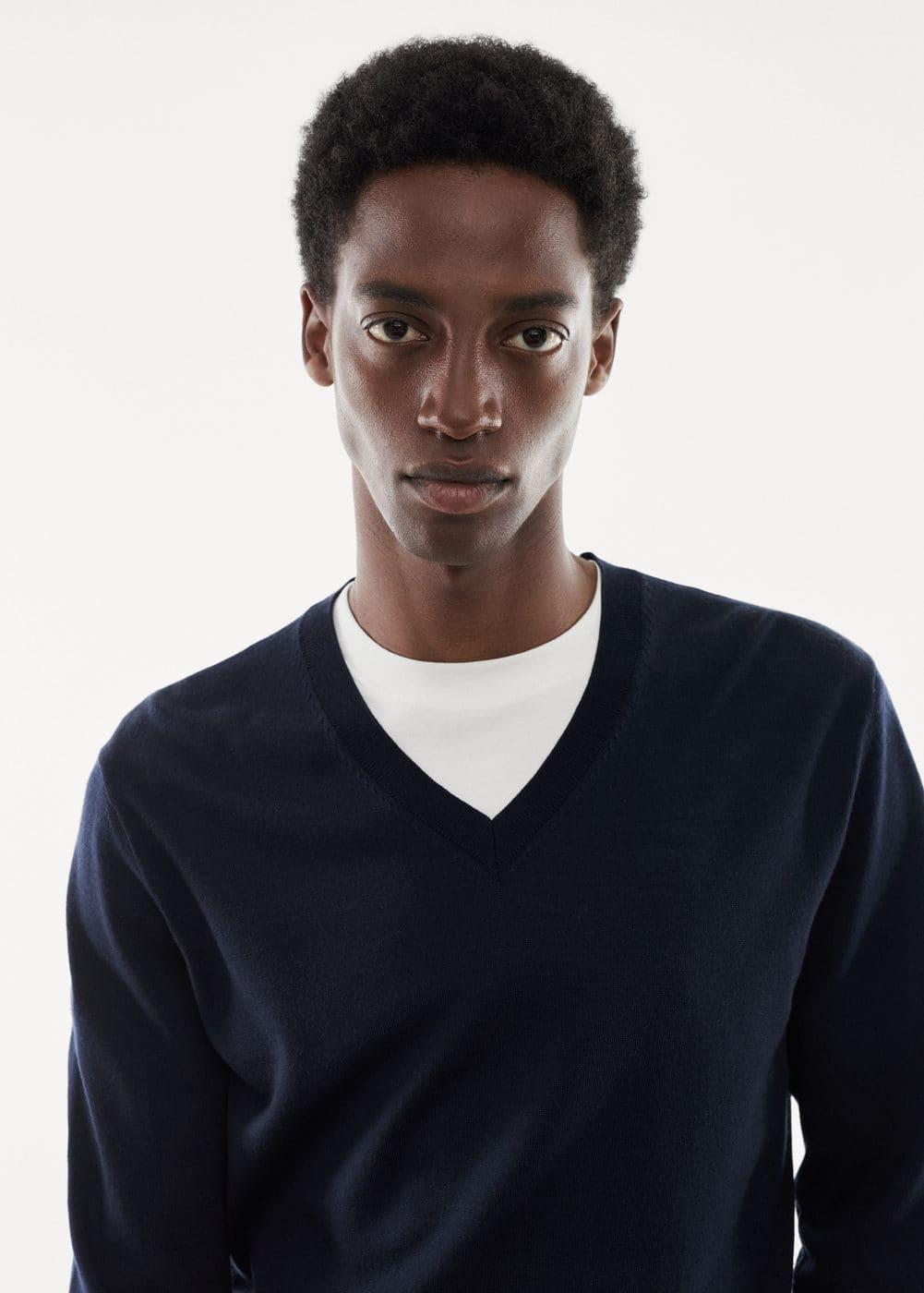 MANGO MAN - 100% merino wool V-neck sweater navy - S - Men Product Image