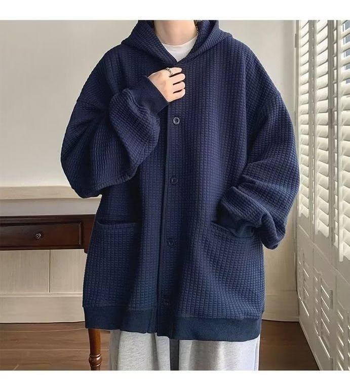 Plain Hooded Oversized Single-Breasted Jacket Product Image