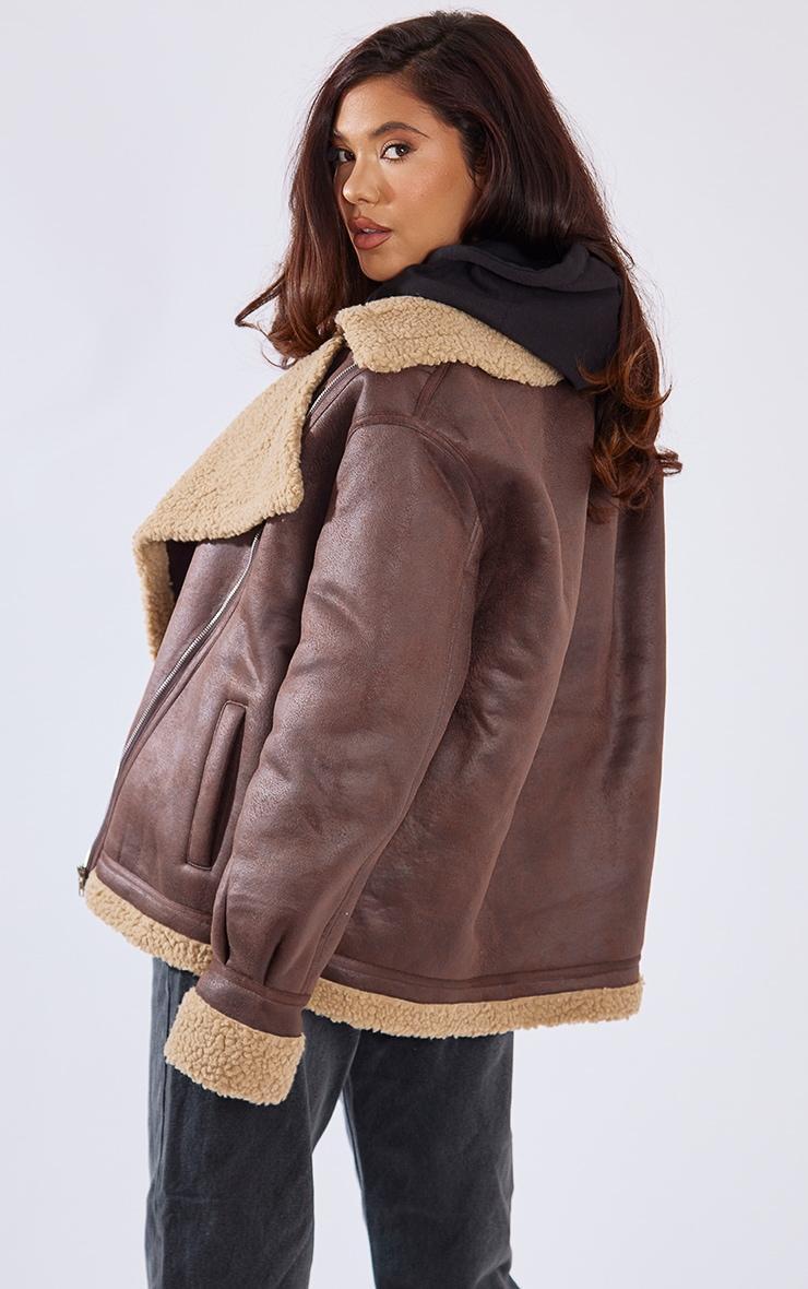 Brown Borg Lined Oversized Buckle Collar Aviator Jacket Product Image