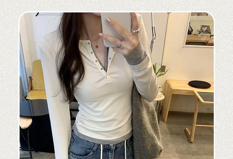 Mock Two-Piece Long-Sleeve Henley Two Tone Slim Fit Tee Product Image