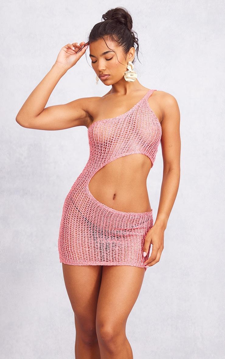 Coral Sequin Mini Cut Out Crochet Dress Product Image