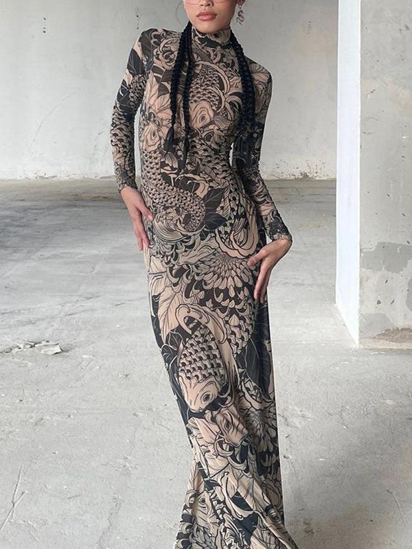 Long Sleeves Skinny Printed See-Through Split-Joint High Neck Evening Dresses Maxi Dresses Product Image