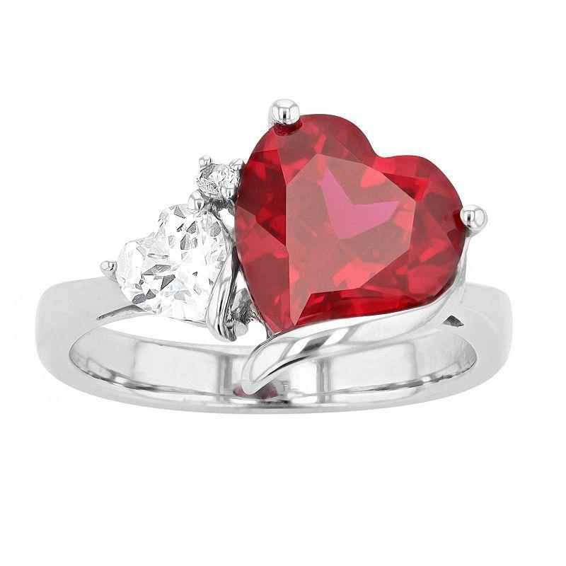 Sterling Silver Lab-Created Ruby & Lab-Created White Sapphire Heart Ring, Womens Red Product Image