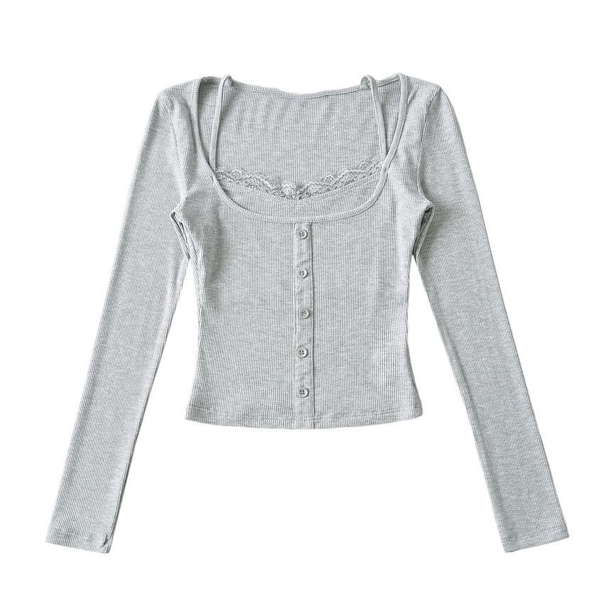 Long-Sleeve V-Neck Mock Two-Piece Plain Button Accent Lace Trim Crop T-Shirt Product Image