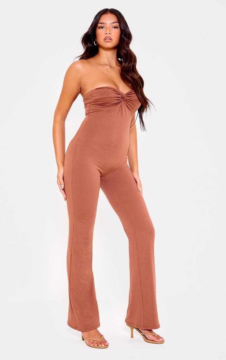 Chocolate Double Layer Contour Jersey Twist Bandeau Jumpsuit Product Image