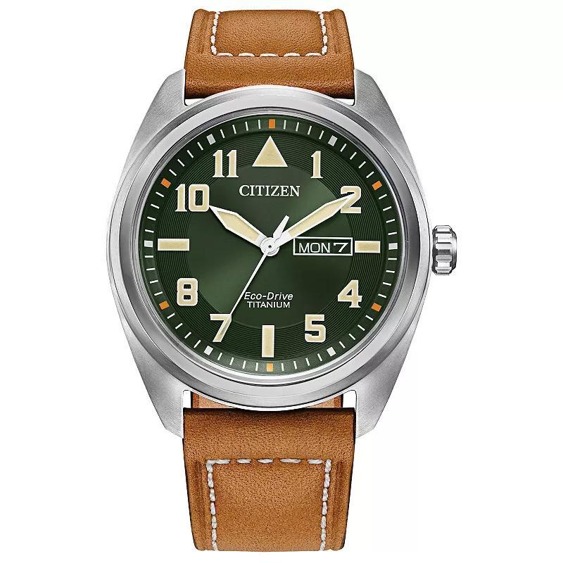 Citizen Mens Eco-Drive Garrison Titanium Green Dial Brown Leather Strap Watch - BM8560-02X Product Image