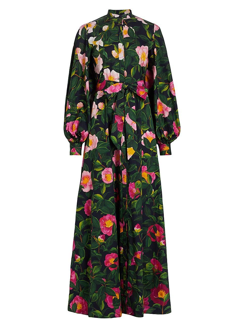 Oscar de la Renta Camellia Print Belted Long Sleeve Shirtdress Product Image