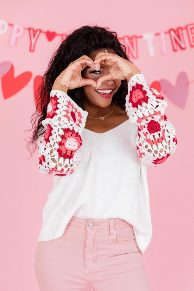 Hello Lover Pink And Ivory Crochet Heart Sleeve Sweater FINAL SALE Product Image