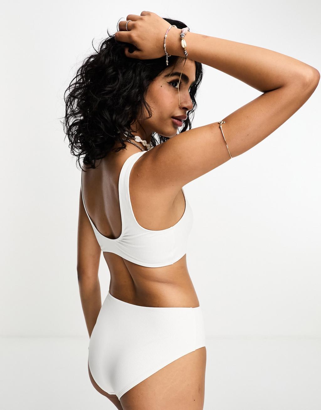 Monki ribbed side cut out swimsuit with front ring detail Product Image