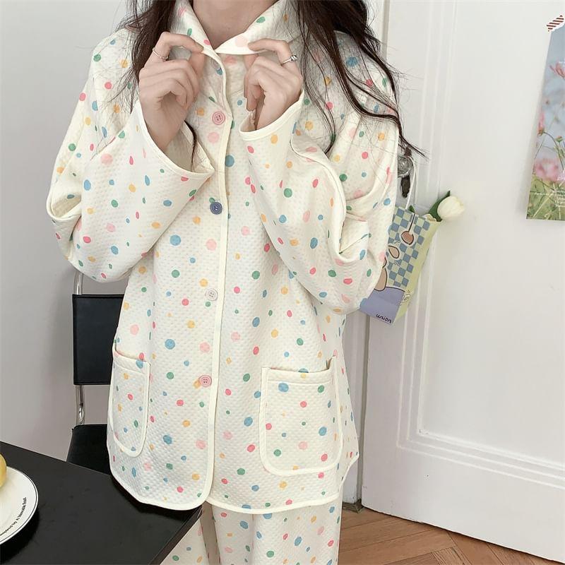 Pajama Set: Long-Sleeve Dotted Button-Up Shirt + Pants Product Image