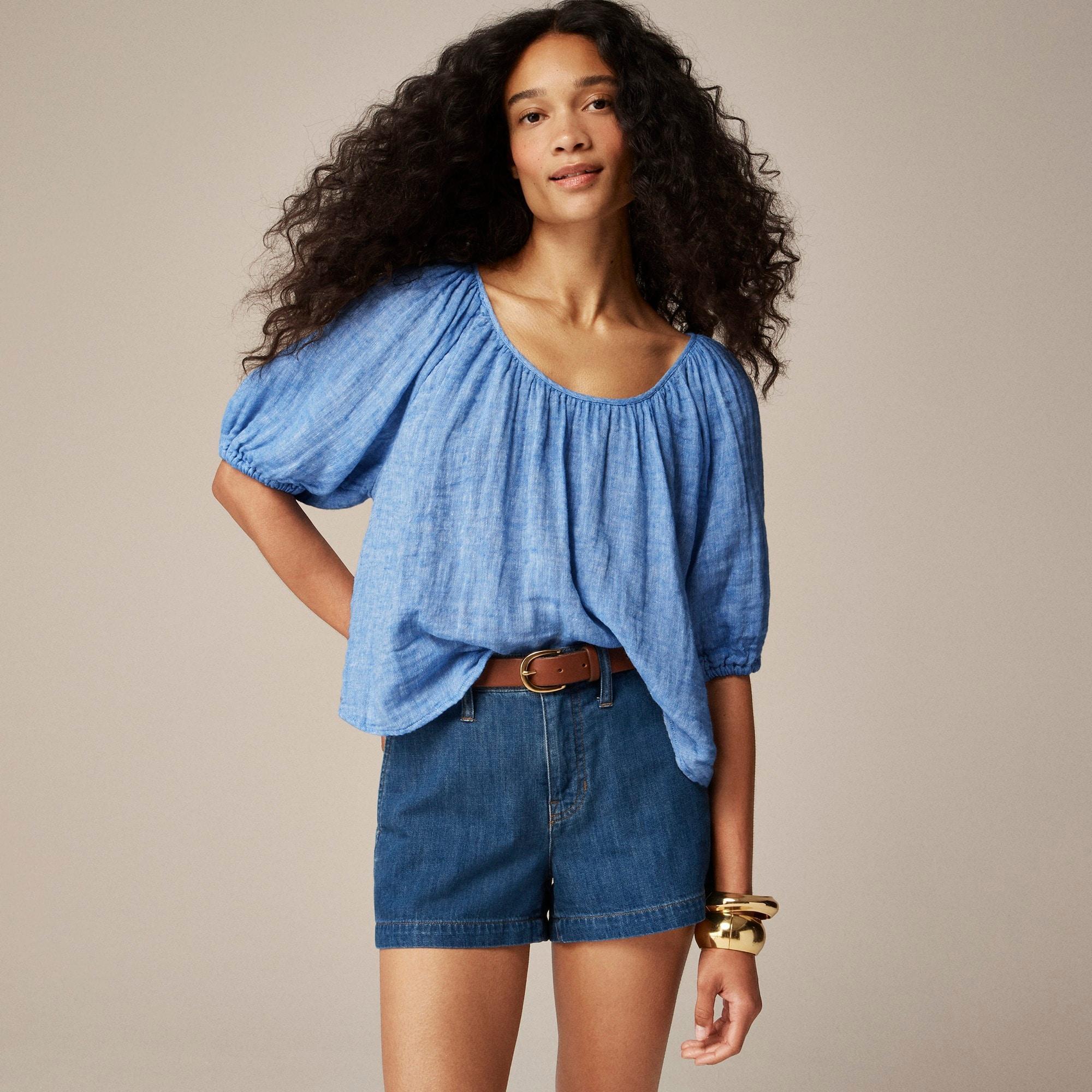 Swingy puff-sleeve top in cotton-linen blend gauze Product Image