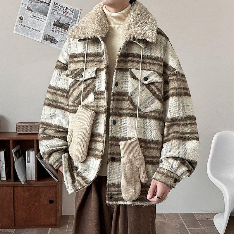 Plaid Faux Shearling Collar Button-Up Jacket Product Image