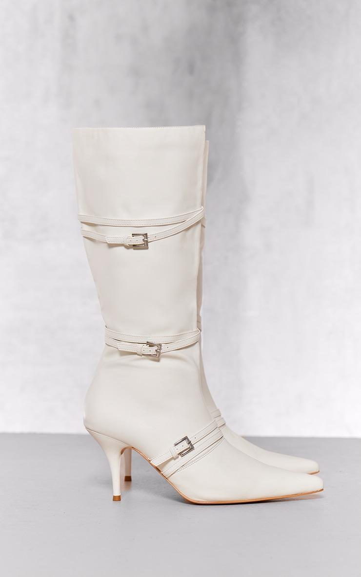 White Wide Fit Pu Point Toe Knee High Buckle Low Heeled Boots Product Image