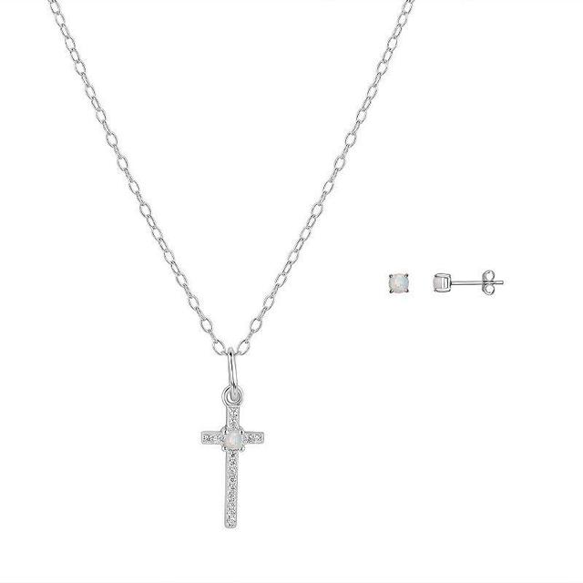 PRIMROSE Sterling Silver White Opal & Cubic Zirconia Cross Pendant & Stud Earring Set, Womens Sterling And White Product Image