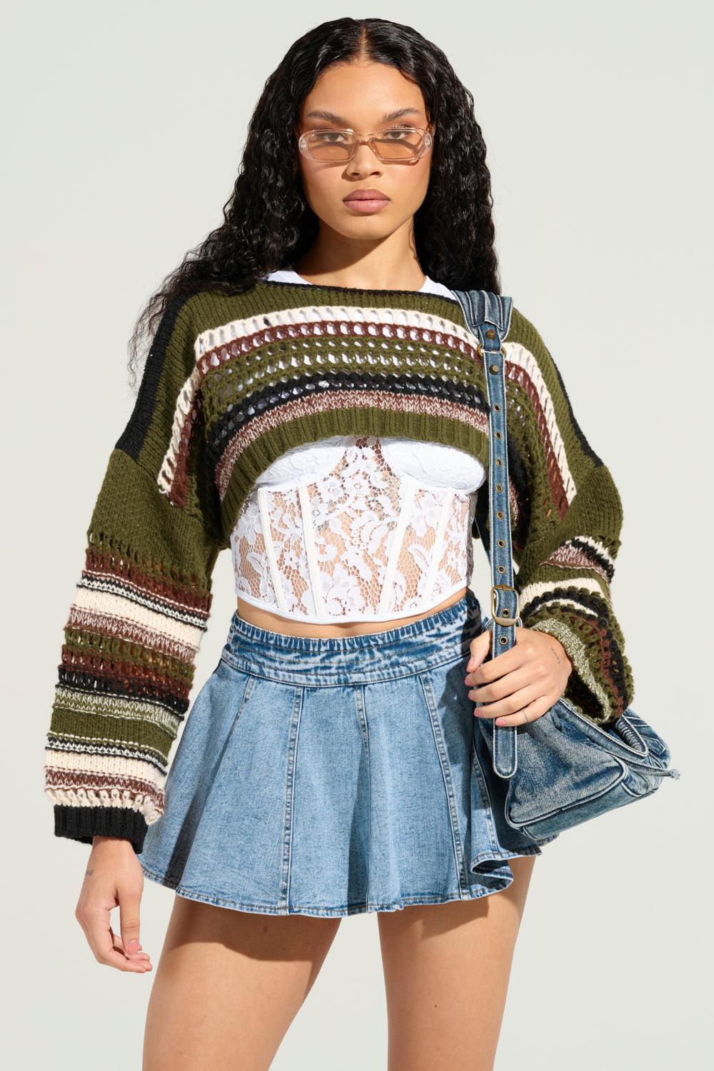 LATE AT NIGHT CROPPED SWEATER IN OLIVE Product Image