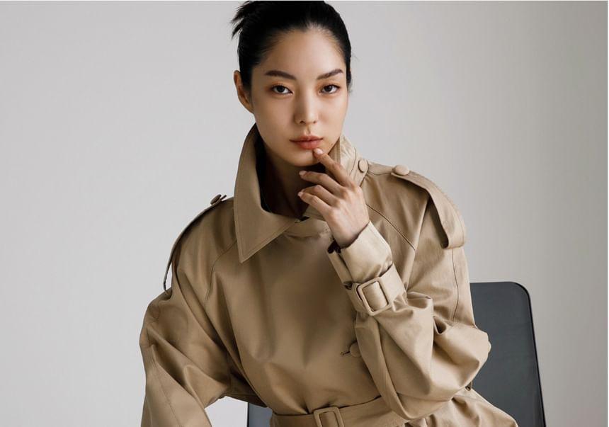 Turtleneck Plain Long Trench Coat Product Image