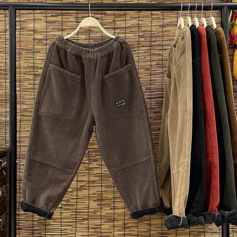 Elastic Waist Plain Panel Fleece-Lined Corduroy Cropped Tapered Pants Product Image