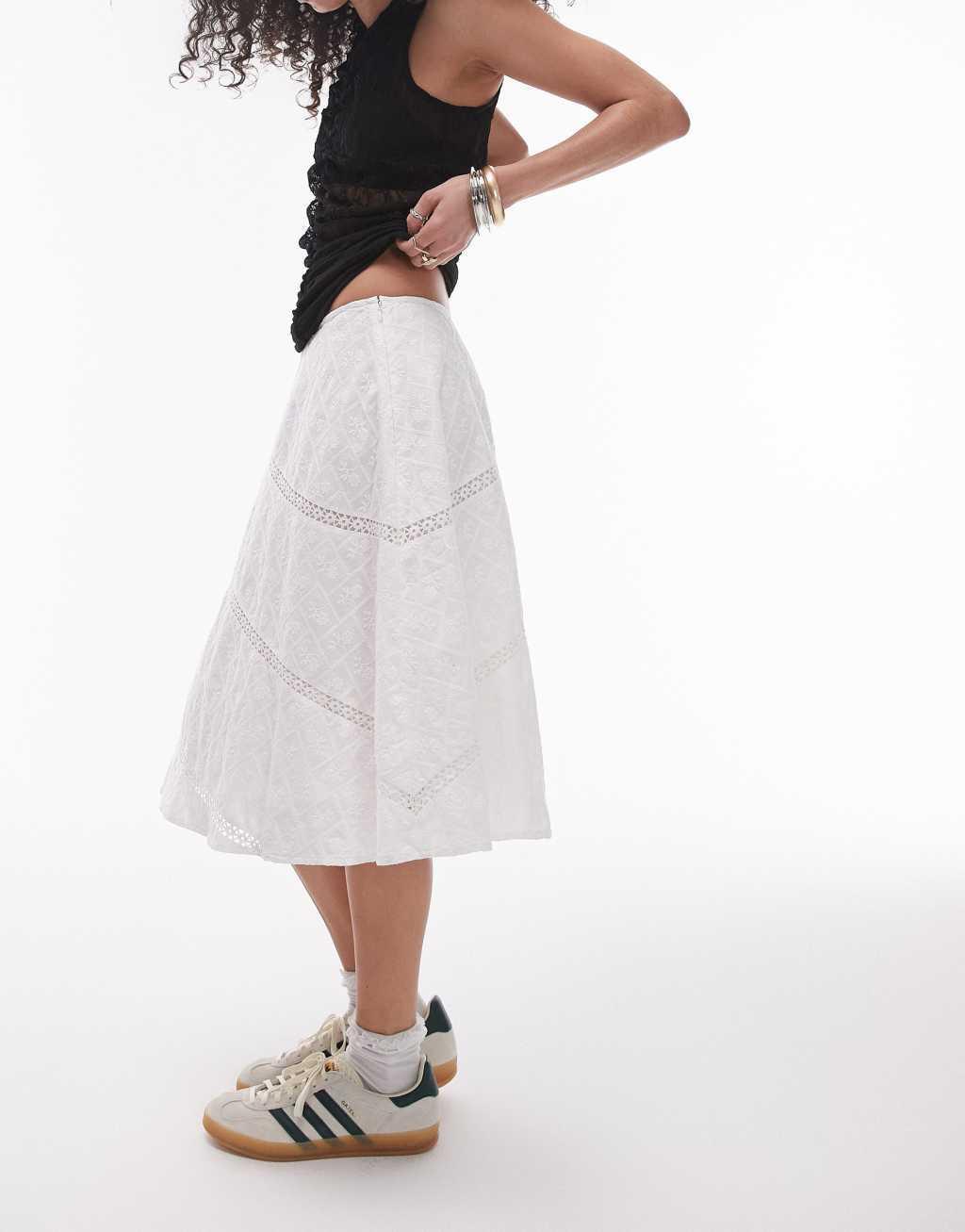 Topshop broderie paneled disjointed knee length skirt in white Product Image