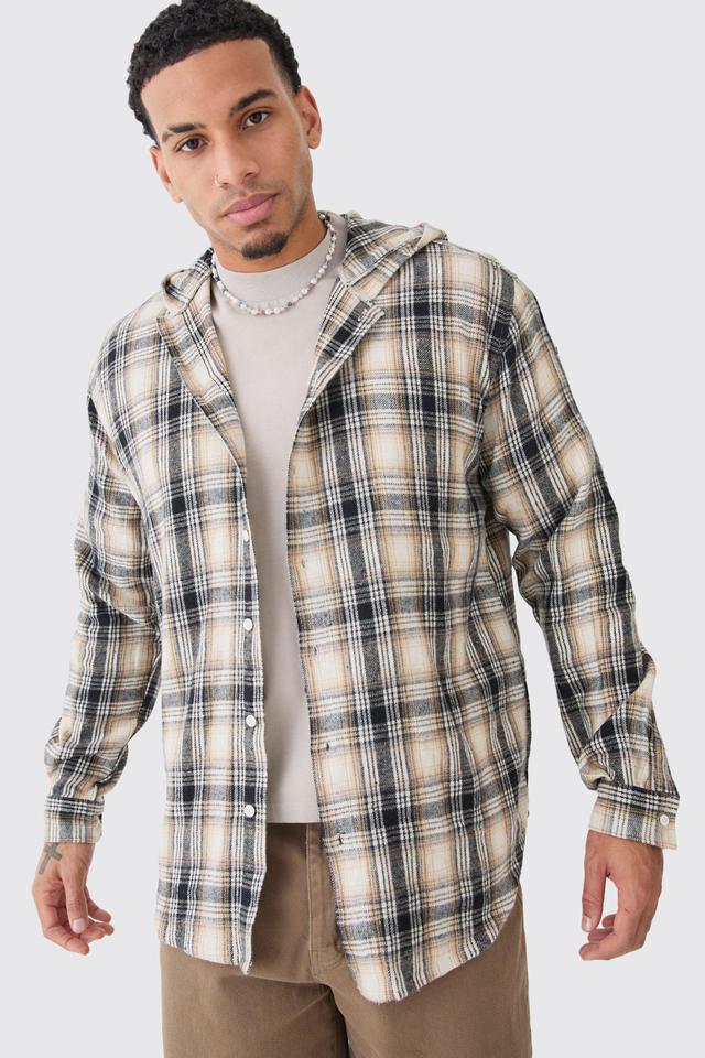 Long Sleeve Oversized Hooded Button Through Check Shirt | boohooMAN USA Product Image