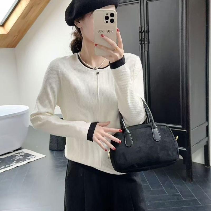 Crew Neck Contrast Trim Ribbed Knit Sweater Product Image