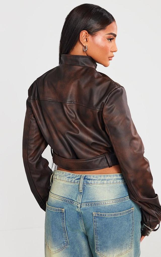 Brown Bleach Effect Faux Leather Belt Detail Biker Jacket Product Image