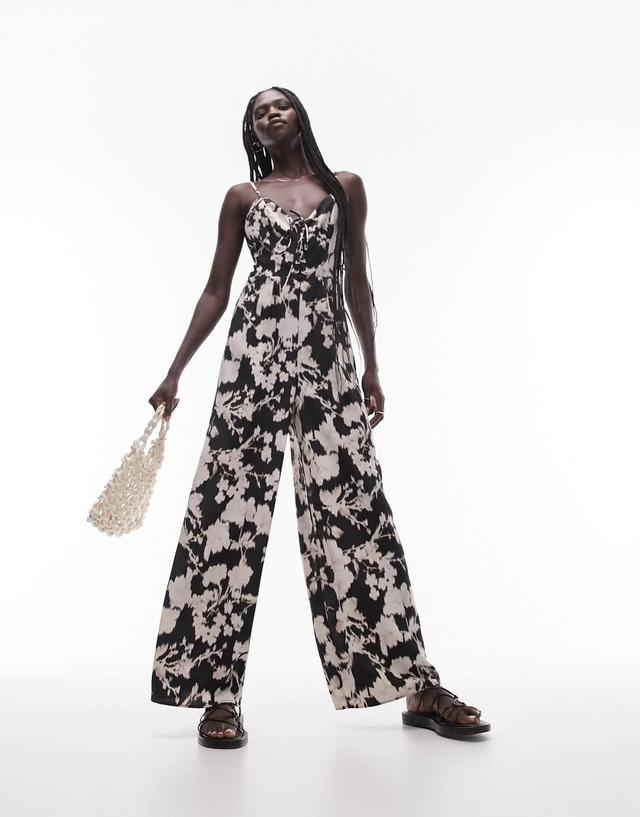 Topshop printed lace up jumpsuit in mono floral Product Image