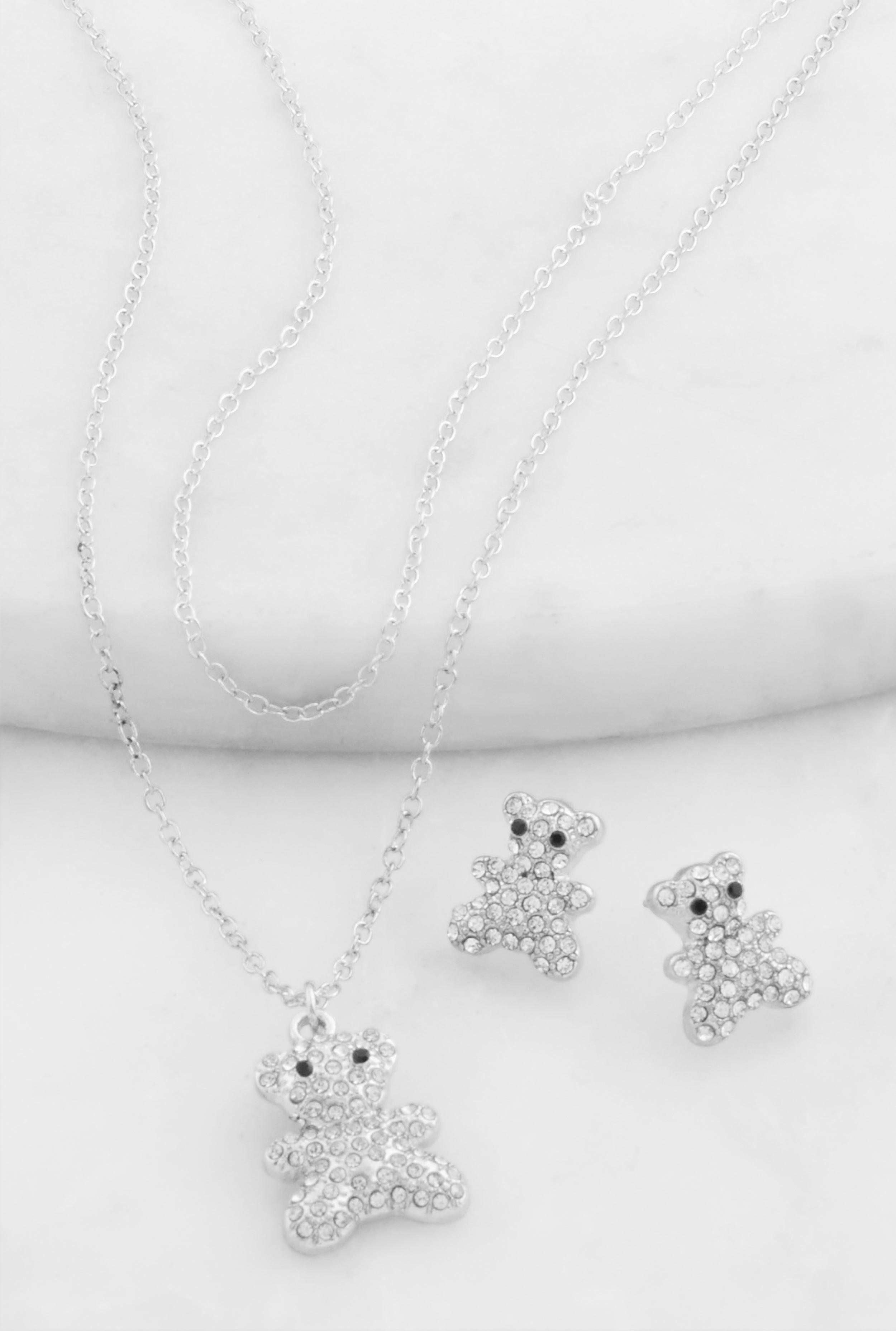 Womens Cubic Zirconia Bear Layered Necklace and Stud Earrings Product Image