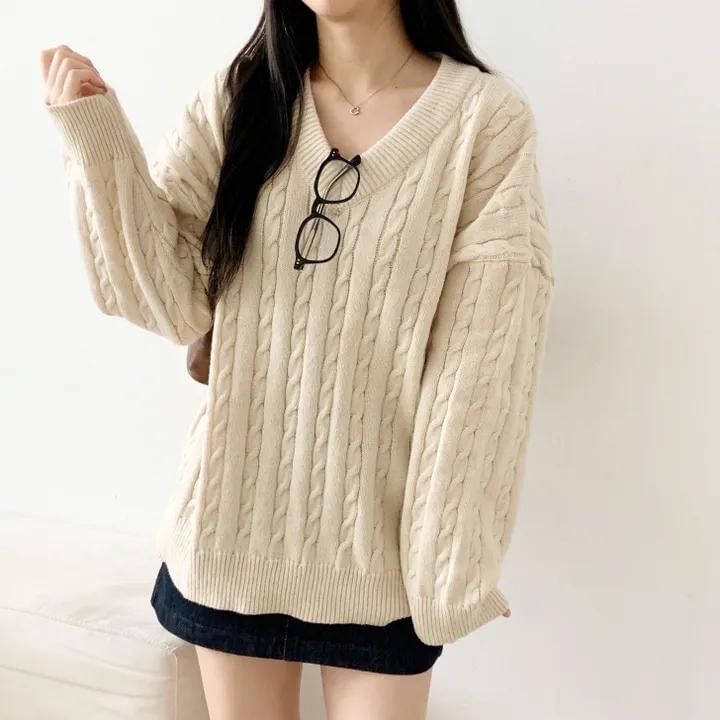 V-Neck Plain Cable-Knit Sweater Product Image