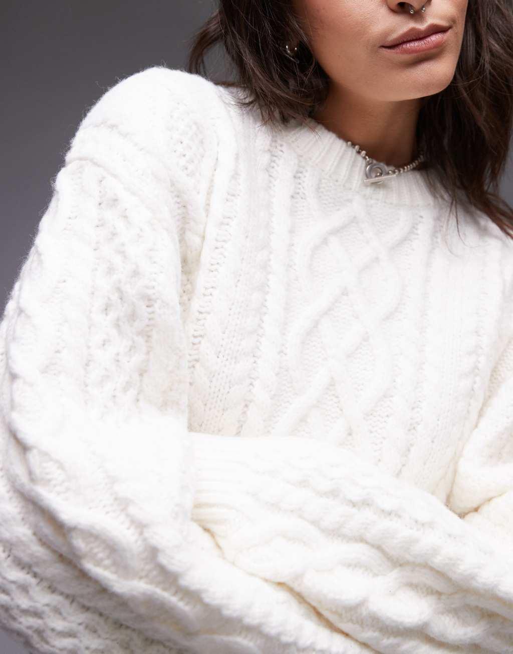 Topshop curved sleeve cable knit oversized sweater in ivory Product Image