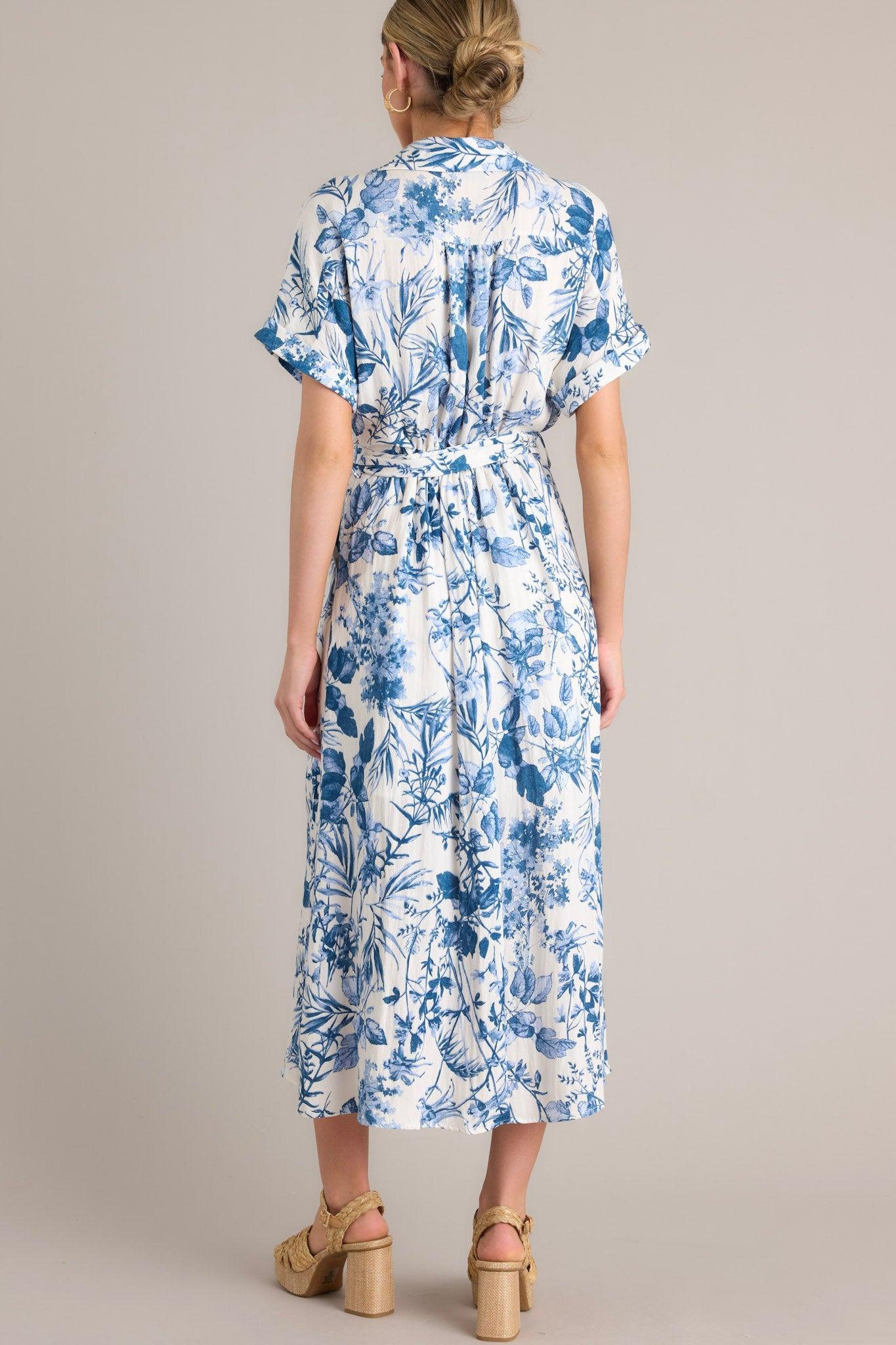 Springtime Splendor White & Blue Floral Belted Midi Dress Product Image