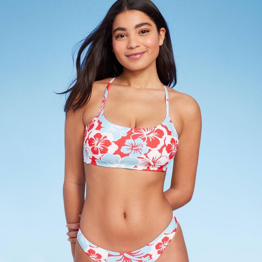 Womens Hibiscus Print Bralette Bikini Top - Wild Fable Red/White D/DD Cup Product Image