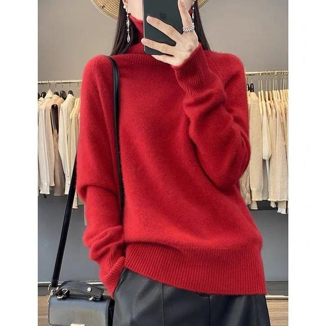 Long-Sleeve High Neck Plain Sweater Product Image