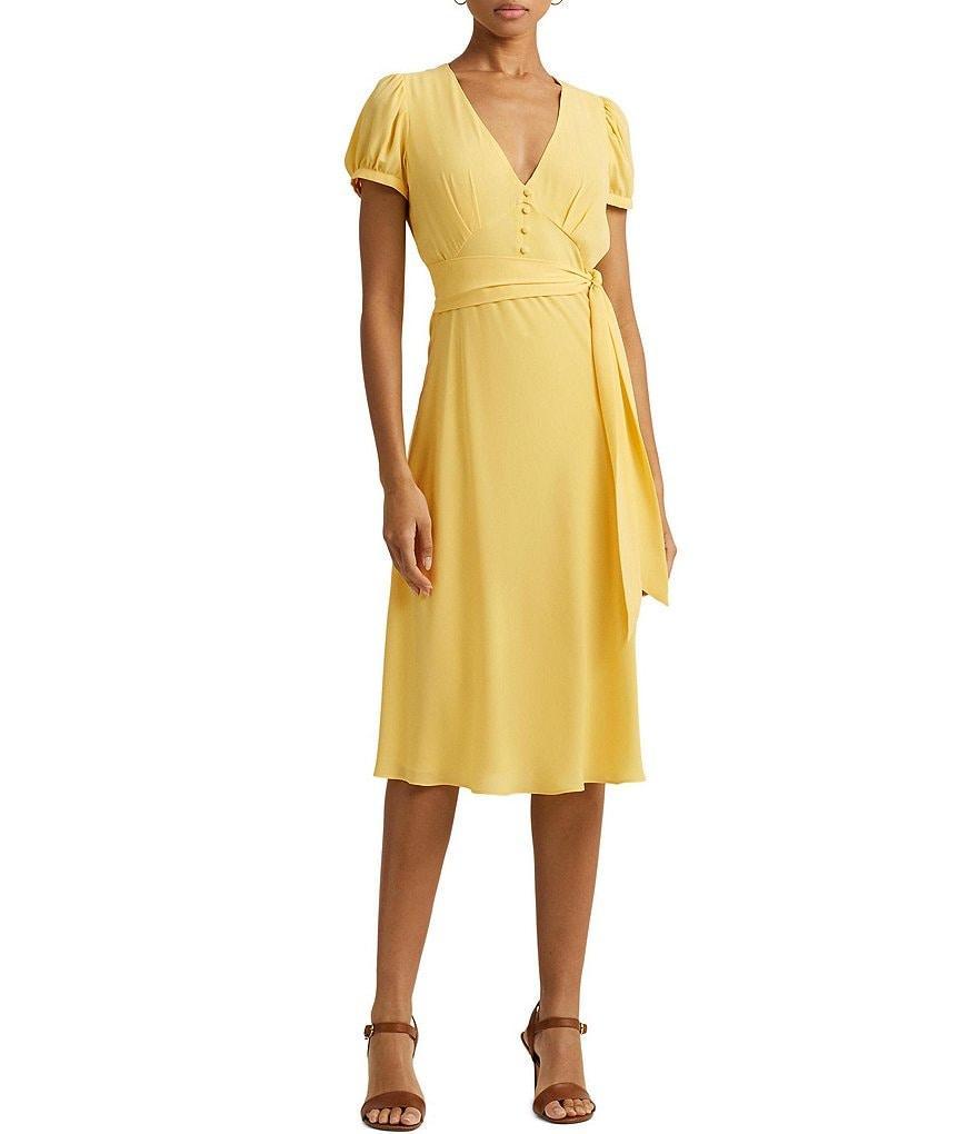 Lauren Ralph Lauren Belted Georgette Button Detail V-Neck Tie Waist Puff Short Sleeve A-Line Dress Product Image