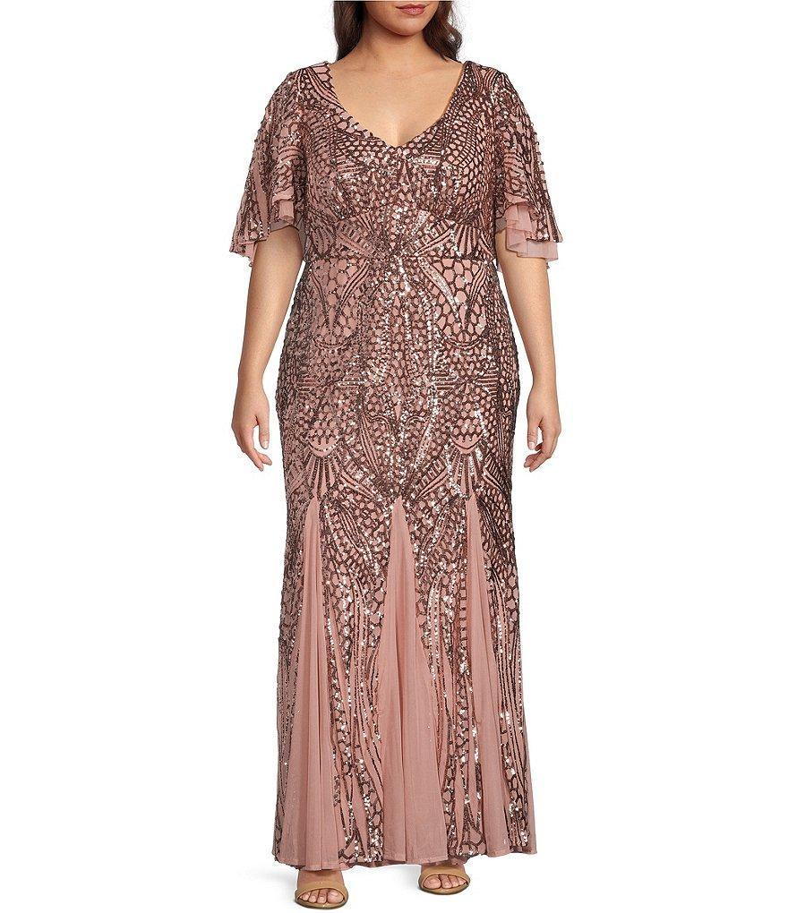 R & M Richards Plus Size Flutter Sleeve V-Neck Godet Inset Sequin Gown Product Image