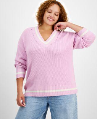 Trendy Plus Size V-Neck Tipped Sweater, Created for Macy's Product Image