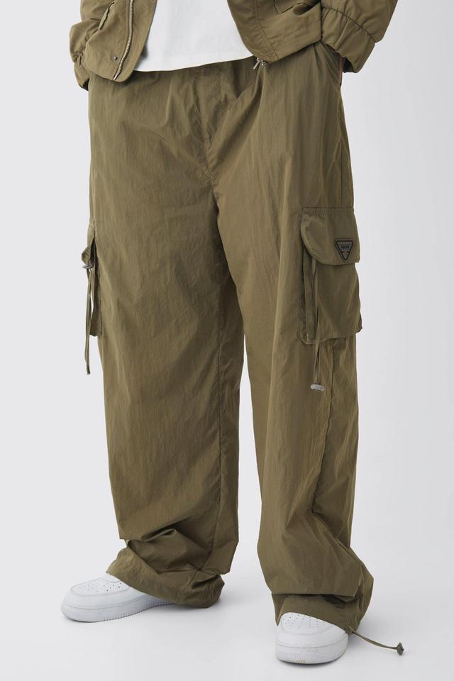 Tall Crinkle Nylon Cargo Parachute Pants In Khaki | boohooMAN USA Product Image